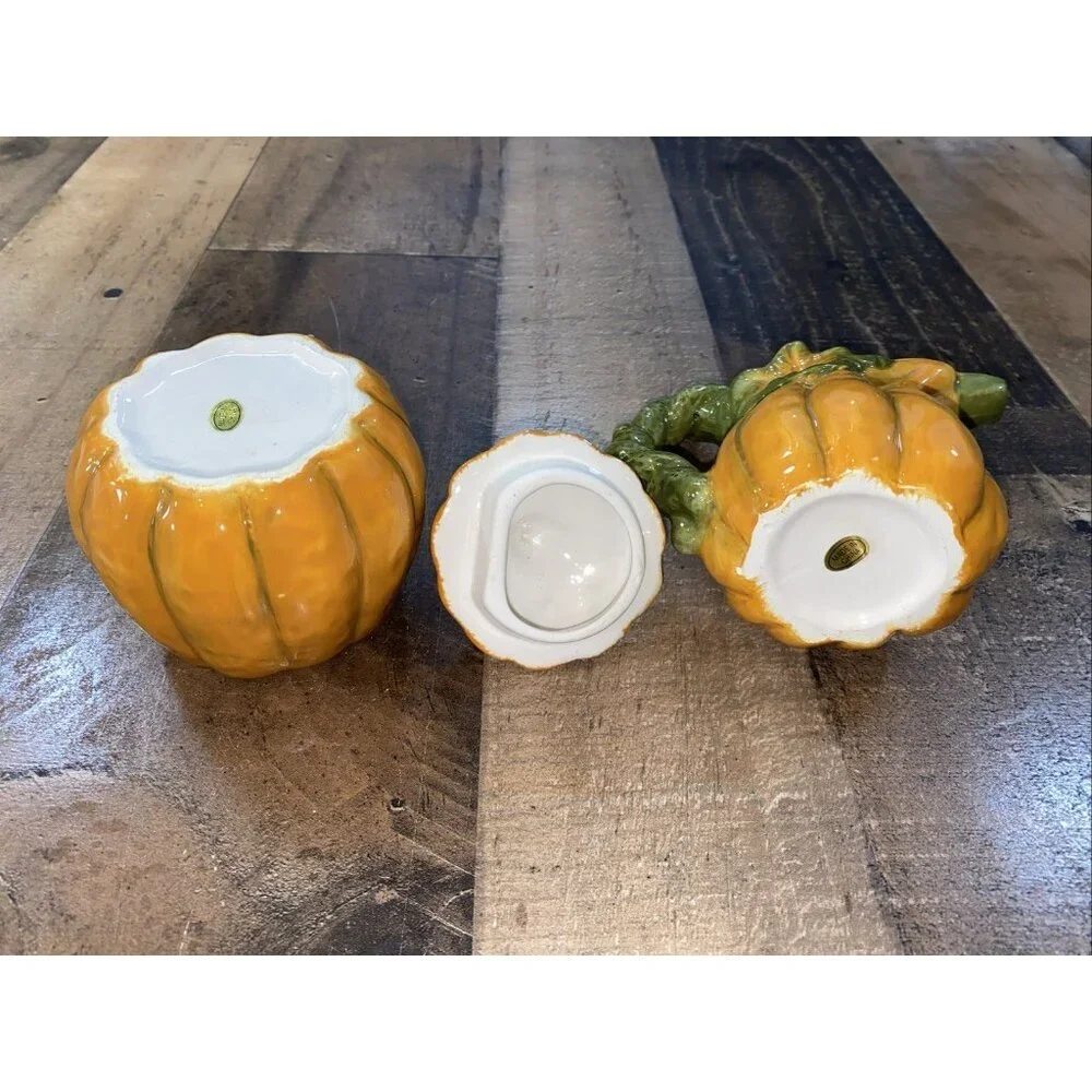 Autumn Fall Orange Pumpkin Gourd‎ Leaves Sugar Bowl and Creamer Set thanksgiving